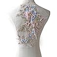 Blossom 3D Flower Applique, Beaded Sequins Flower LACE Patch Bridal Wedding Dress Embossed Beading Embroidery lace Appliques Motif Sewing Craft(Pink with Gold)