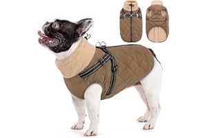 Queenmore Dog Jackets for Medium Dogs, Dog Coat with Harness Built in, Waterproof Pet Winter Coat with Zipper On Back Doggy Snowsuits Warm Soft Pet Jacket for French Bulldog, Poodle, Corgi, Brown M