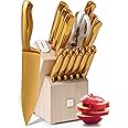 Gold Knife Set for Kitchen with Block and Sharpener – 14-Piece Razor Sharp Titanium Gold Knives with Ashwood Block and Built-In Sharpener – Stylish Kitchen Accessories for Cooking and Prep