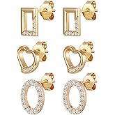 VOLUKA Cubic Zirconia Stud Earrings for Women - 3 Pairs 18K Push Back Hypoallergenic for Sensitive Ears Ears Simulated Diamond CZ