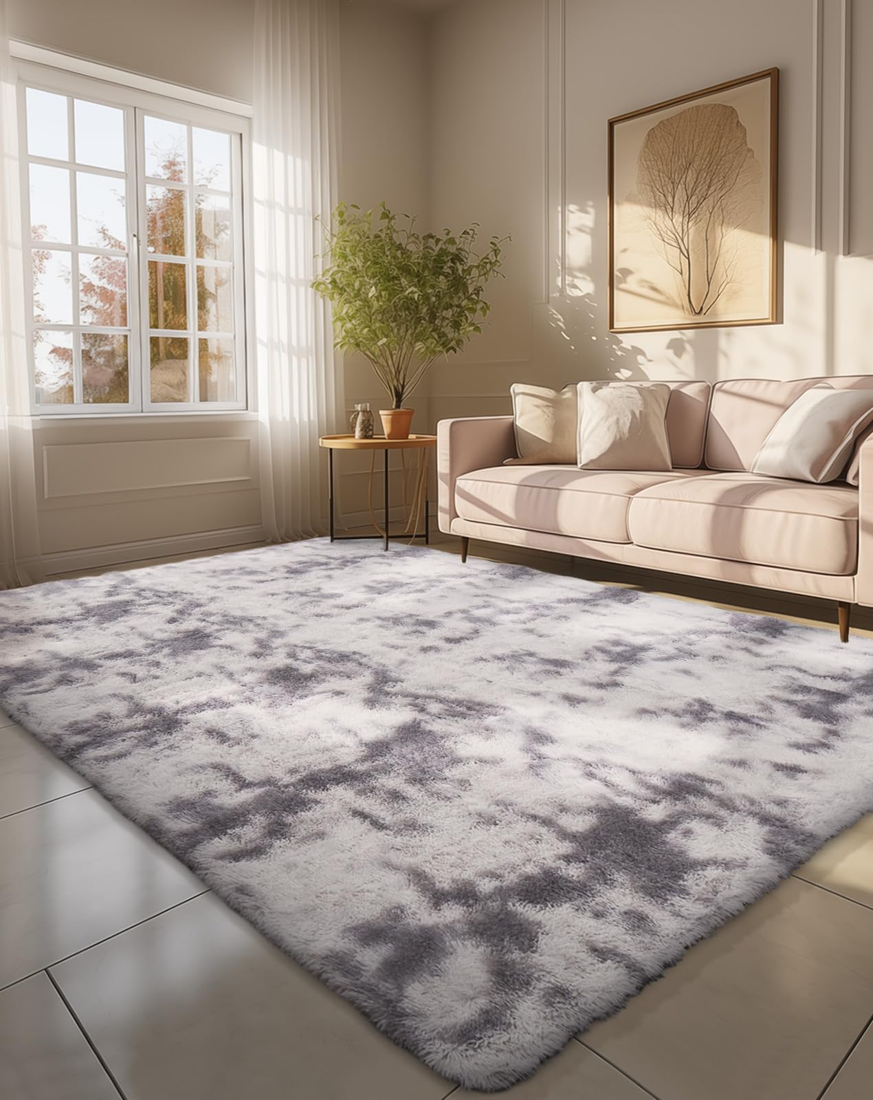 Photo 1 of Ophanie 6x9 Tie-Dyed Grey&White Area Rugs for Living Room Bedroom, Fluffy Shag Large Fuzzy Plush Soft Throw Rug, Gray Large Shaggy Floor Big Carpets, Kids Home Decor Aesthetic, Nursery