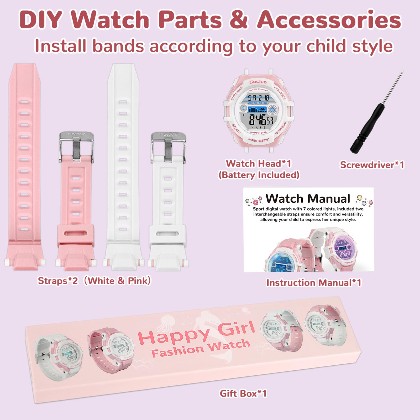 SOCICO Kids Digital Watch for Boys Girls, 50M Waterproof Sports Watch for Kids with 7 Color Backlight, Stopwatch, Alarm, Calendar, 2 Soft Silicone Straps, Great Birthday Christmas Gifts for Teens Aged 5-18