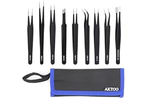 AKTOO ESD Anti-Static Precision Tweezers Tools Kit Non-magnetic Stainless Steel Tweezers Set with Storage Bag by AKTOO for Electronics soldering,Phone Repair,Jewelry,Craft,Laboratory Work,9 Pcs
