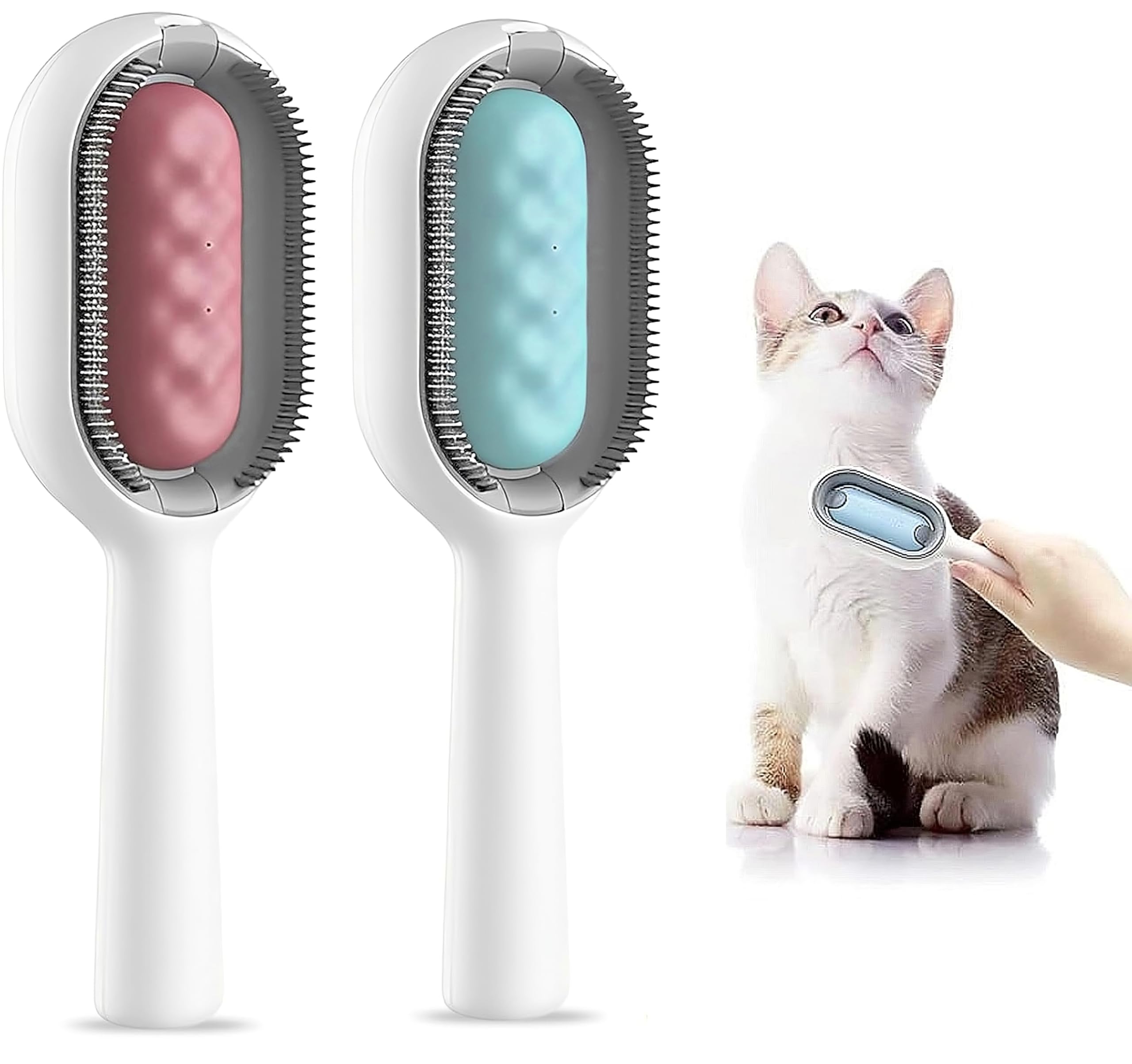 Vhger Dog Brush with Water Tank, 2-Piece Multi-Purpose Pet Cleaning Brush, 4-in-1 Pet Hair Cleaning Brush, Universal Pet Knot Remover (Blue + Pink)