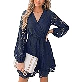 CUPSHE Women Elegant V Neck Lace Peasant Sleeve Mini Summer Dress Elastic High Waist A Line Casual Wedding Guest Dress