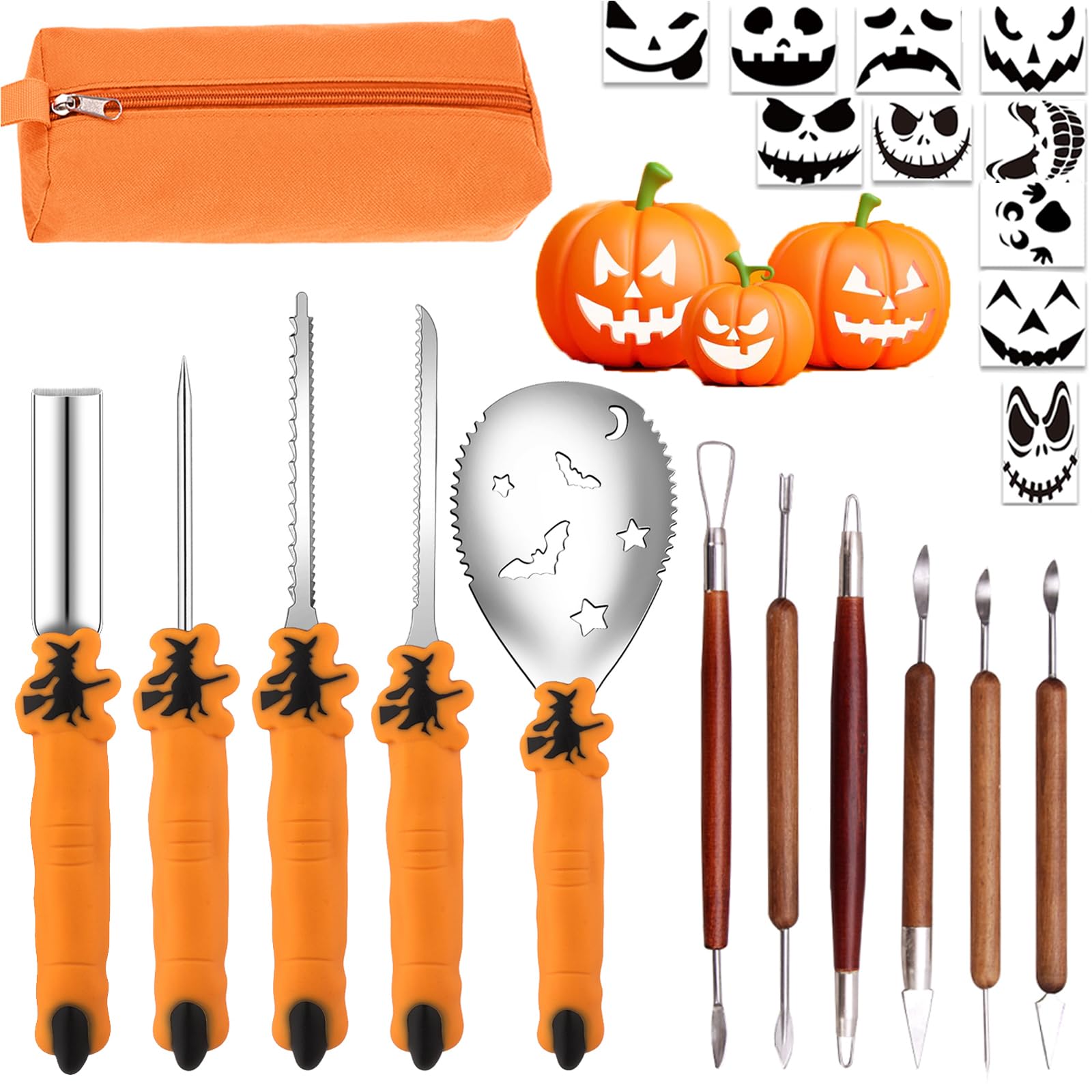 Nabance Halloween Pumpkin Carving Kit 13PCS Pumpkin Carving Kit + 10Pcs Carving Templates, Stainless Steel Halloween Decoration Accessories Halloween Pumpkin Carving Tool Set