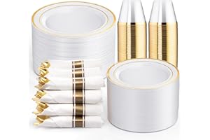 WELLIFE 350-Piece Gold Disposable Plates and Cutlery Set - Premium 10.25" Dinner Plates, 7.5" Dessert Plates, 9oz Cups & Cutlery for Weddings, Catering Events - 50 Guest Service - Elegant & Sturdy