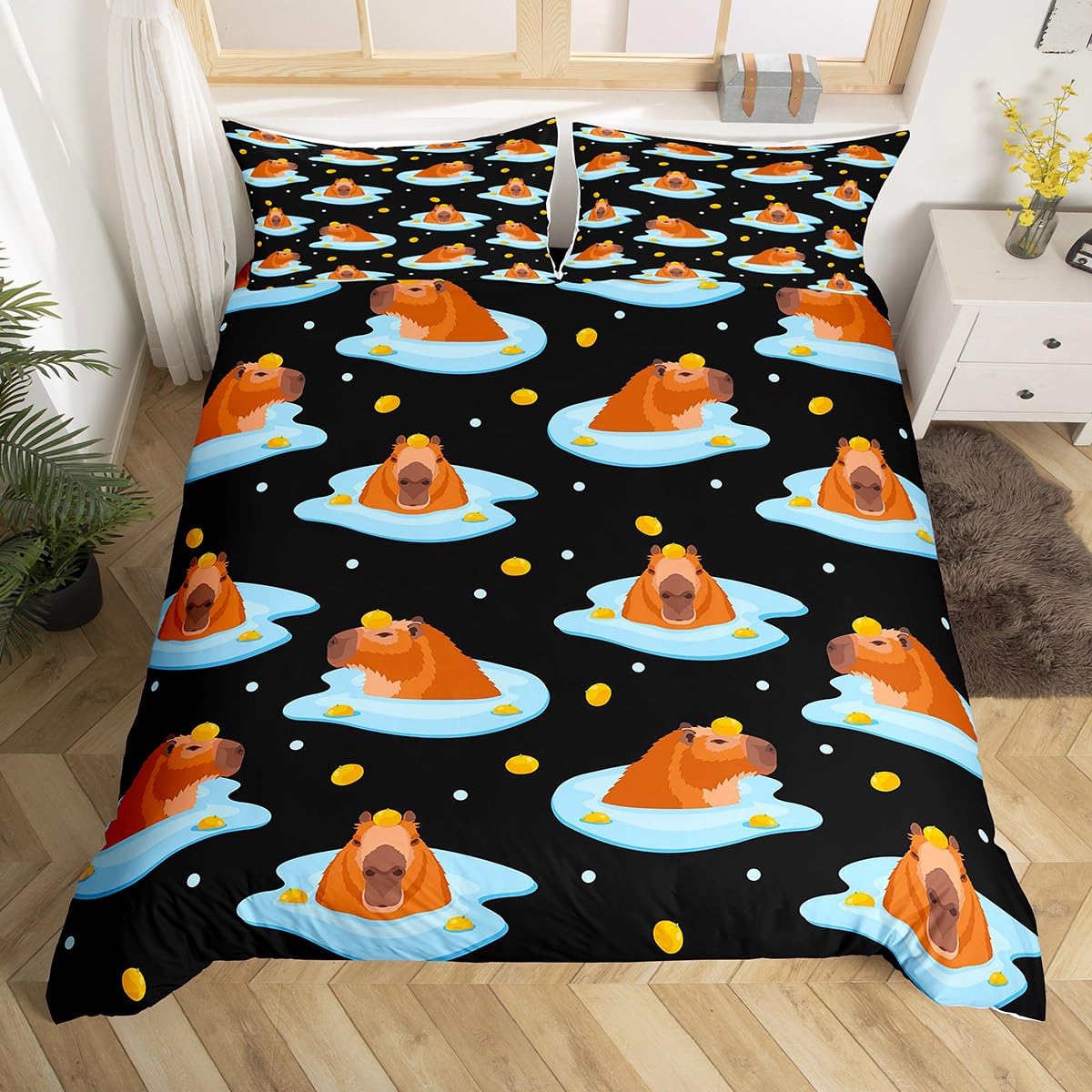 Cute Capybara Duvet Cover Kawaii Animal Comforter Cover Single, Brown Bassuper King Capybara Bedding Set for Kids Girls Boys Teens Watercolor Soft Bedspread Cover for All Season with 1 Pillowcase