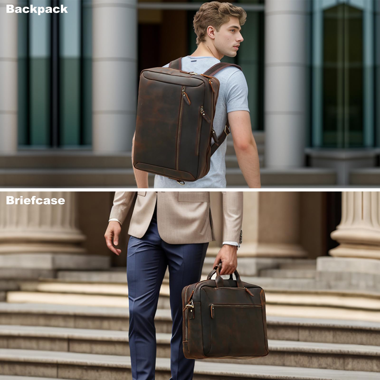 TIDING Leather Convertible Briefcase Backpack for Men, Large 15.6 Inch Laptop Messenger Bag Work Business Travel Crossbody Shoulder Bag