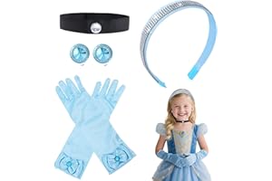 ROC PARTY Cinderella Accessories for Girls - 4 PCS Rhinestone Crown, Headband, Choker Necklace, Gloves & Earrings for Dress-Up, Birthday Parties, Halloween & Cosplay (Blue)
