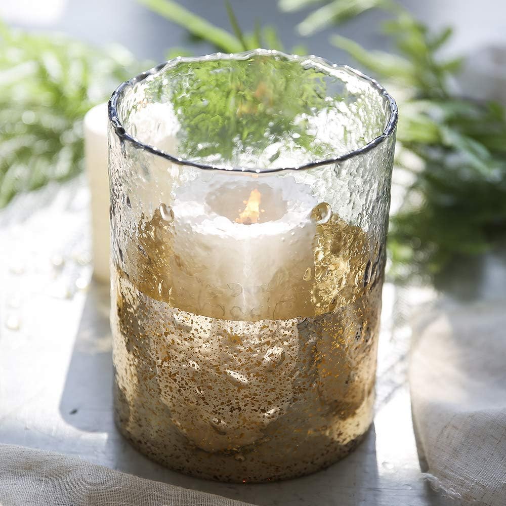 cyl home Hurricane Candleholders Hammered Clear Glass with Sparkler Golden Decor Dining Table Centerpieces Vases Gifts for Wedding Housewarming Christmas Party，6.9'' Height.: Home & Kitchen