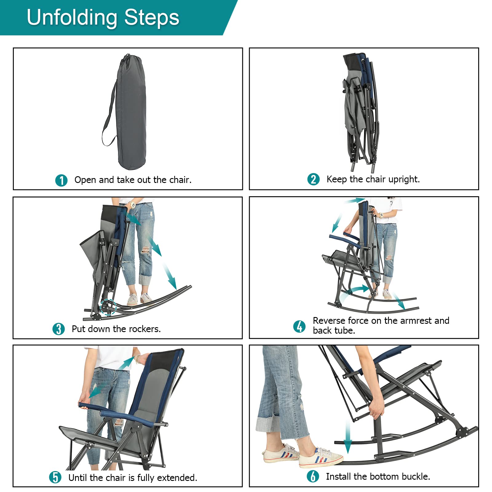 PORTAL Folding Rocking Chair, Oversized Camping Rocker Outdoor with High Back Hard Armrest