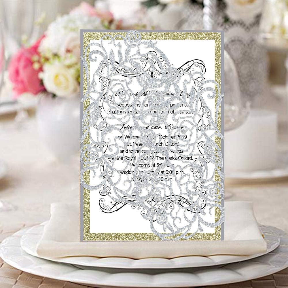KAZIPA 25 PCs Laser Cut Wedding Invitations with envelopes Hollow Rose Invitations Cards for Wedding Bridal Shower Quinceañera Engagement Graduation Invites