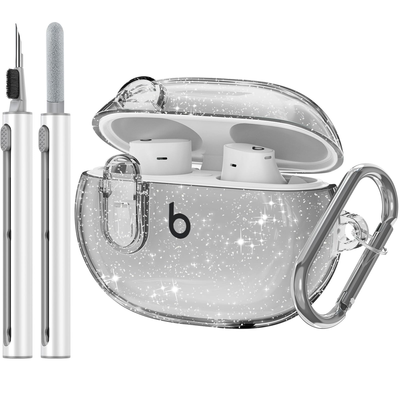 Photo 1 of for Beats Studio Buds/Studio Buds Plus Case Cover Clear 2021/2023 Men Lock Clip with Cleaner Kit, Protective Cover for New Beats Studio Buds + Wireless Earbuds Case with Keychain, Glitter Black