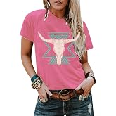 Eatbook Western Shirts for Women Cowgirl Cow Skull Graphic Tee Rodeo Tops | Vintage Cowgirl Tshirts, Rodeo Outfits, Western Short Sleeve Tee, Soft Fabric, Country Concert Top, Casual Daily Wear