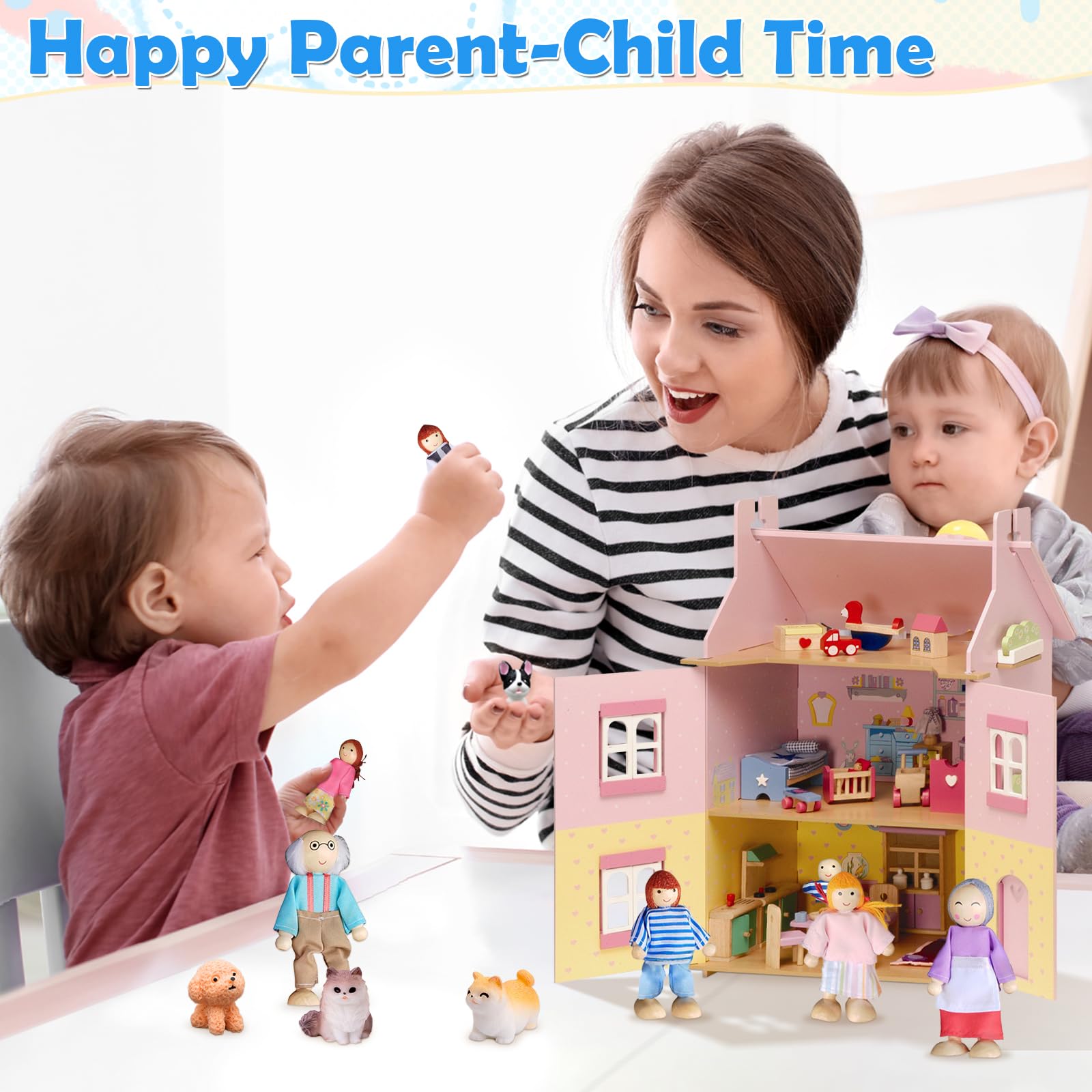 Ruikdly Puppenhaus Puppen - 13 Stück Holz Familie Set mit Katze und Hund, Figuren Biegepuppen Puppen Familie Set für Puppenhaus Zubehör Spiel Haus Geschenk 5