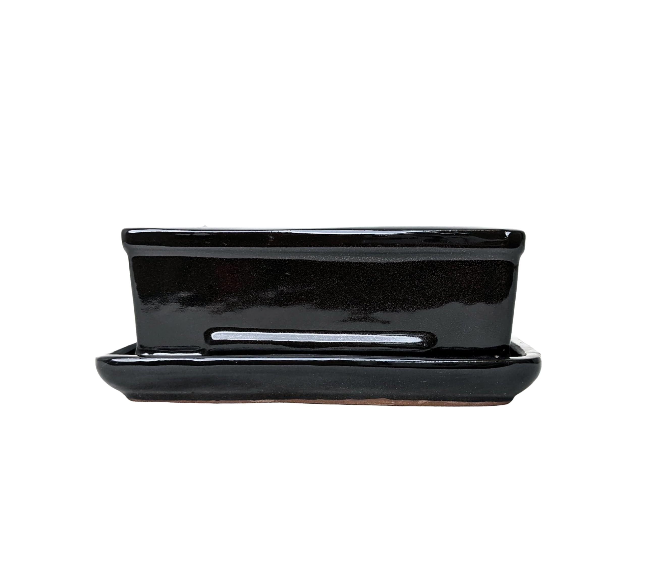 Glazed Ceramic Bonsai Pots with Matching Drip Trays (Black, 16cm)