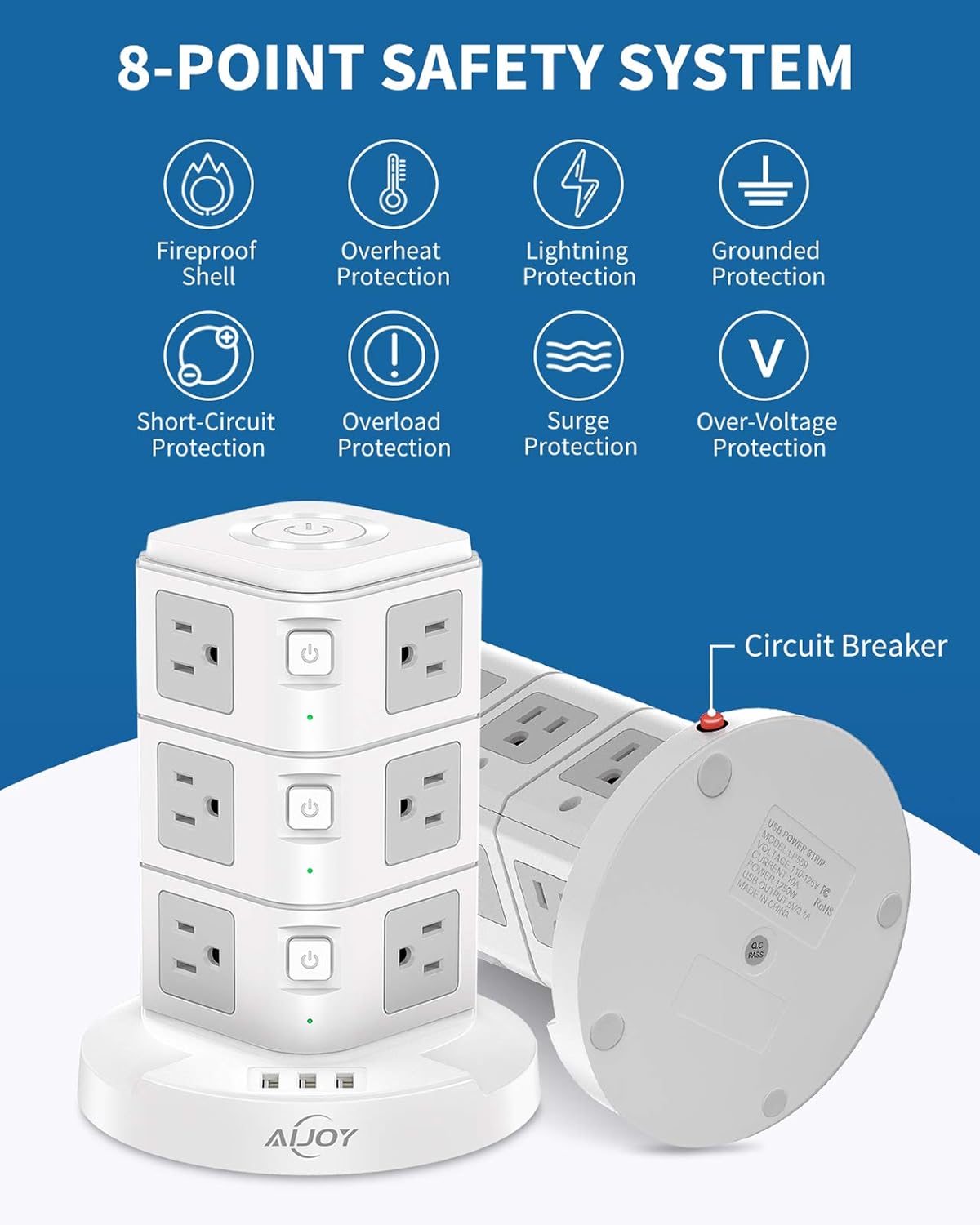 AiJoy Surge Protector USB Power Strip Tower with Top Night Light,10ft Extension Cord with 12 Outlets,3 USB Ports(MAX 3.1A) and 3 Individual Switches, Fast Charging Station for Home and Office: Electronics