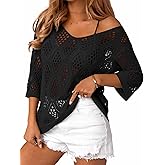 LOMON Womens 3/4 Sleeve Crochet Tops Off Shoulder Hollow Out Sweater V Neck Casual Loose Fit Beach Cover Up
