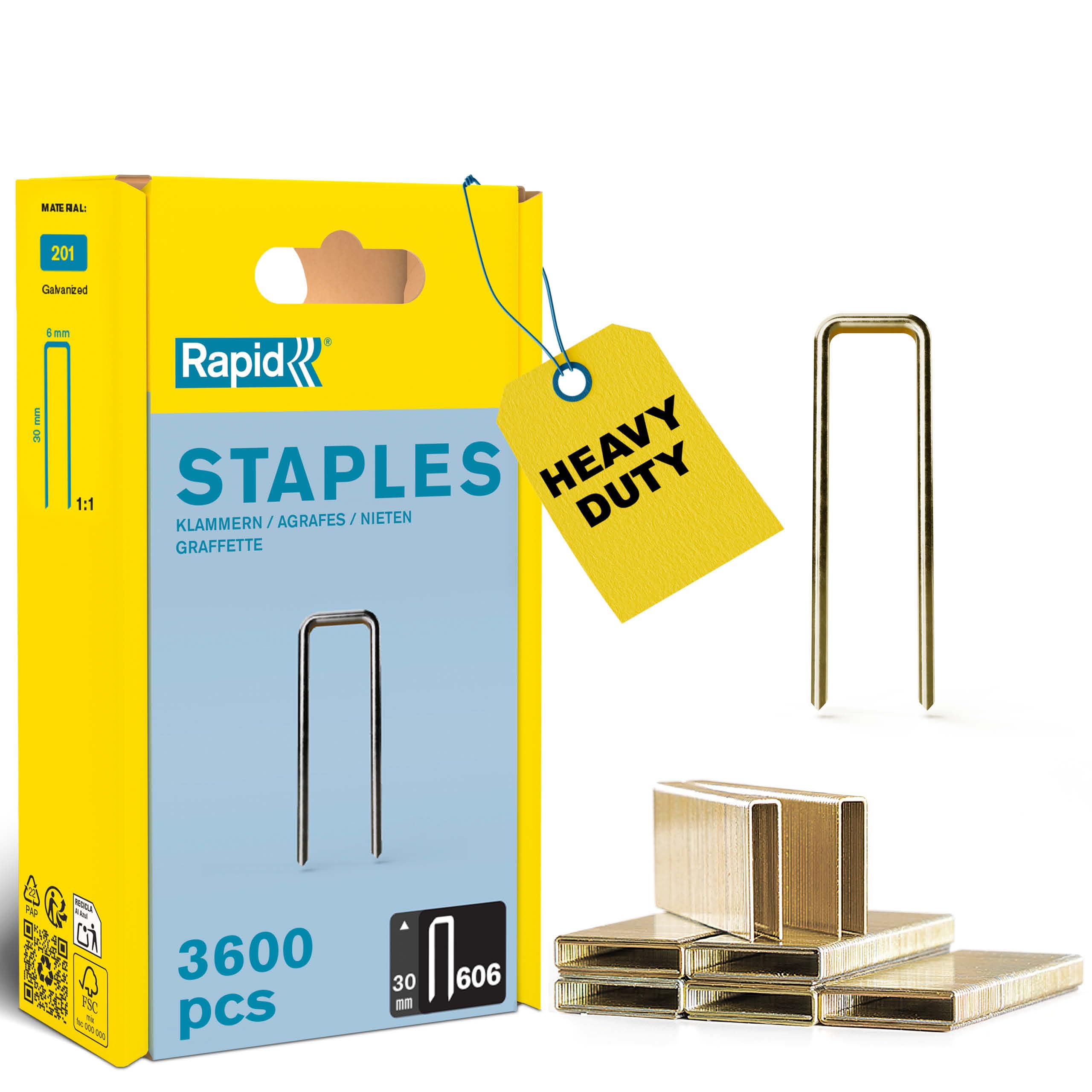 Rapid High-Performance Staples for Dense Materials, Narrow Crown No. 606, Leg Length 30mm, Staple Gun Staples, Resin-Coated Galvanised Steel, 3600 Pieces, Plastic Box (40303096)
