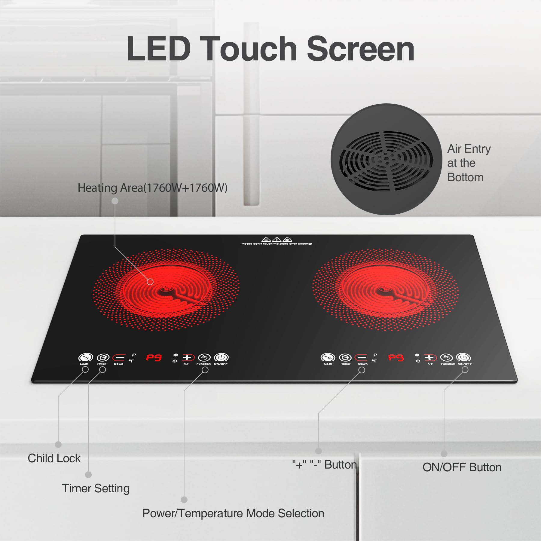 VBGK Electric cooktop,110V 24 inch 2 Burner Electric Cooktop,Built-in and Countertop Stove Top,2200W Stove,9 Power Levels, Kids Lock & Timer,LED touch control,Overheat Protection