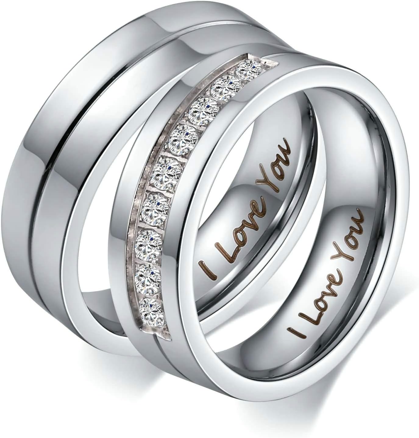 Aeici His &Hers I Love You Matching Rings Endless Love Stainless Steel Ladies Ring for Women Men Inlaid 9 CZ
