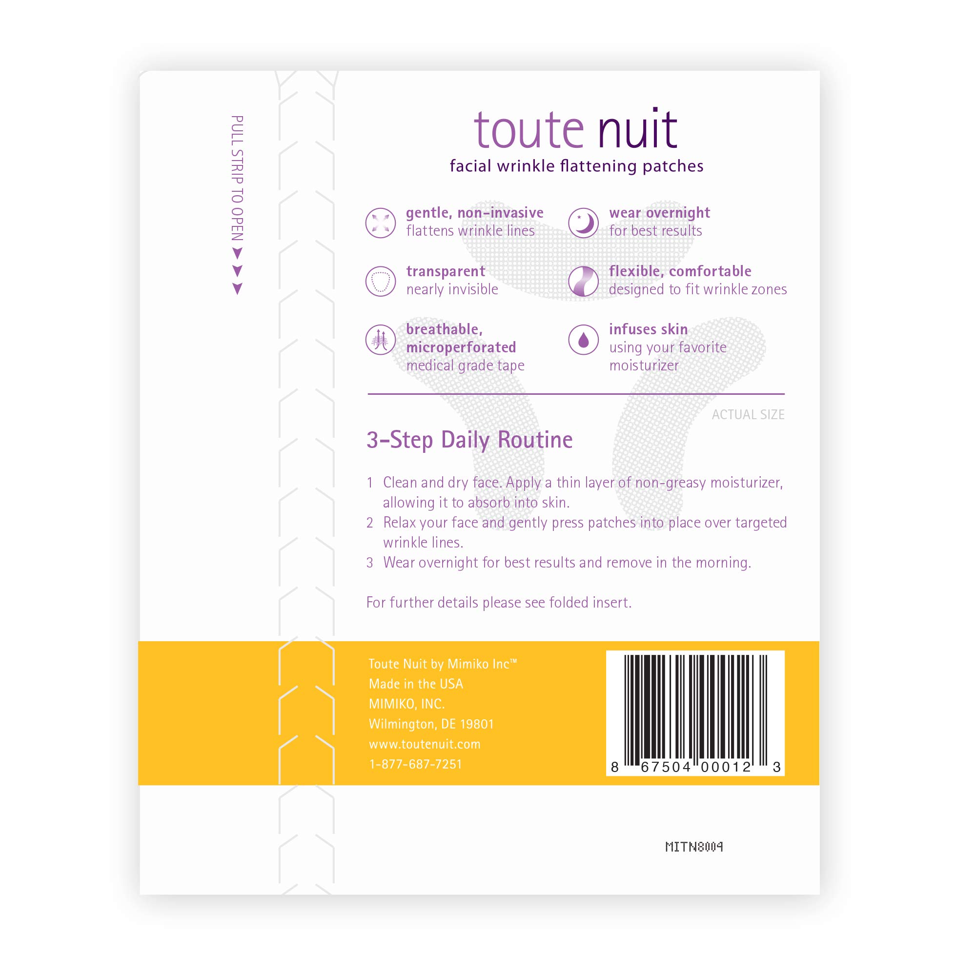 Toute Nuit Wrinkle Patches – Curve – Face Tape for Forehead, Eyes & Lips – Hypoallergenic Anti Wrinkle Patches – 48 Count, Made in USA