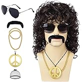 Guree Hair Mens Curly Wig + Glasses + Gold Chain + Peace Sign Necklace +Mustache + Wig Cap Long Curly Black Wigs for 70s Disco Party Cosplay Costume Halloween Use(6pcs Set)