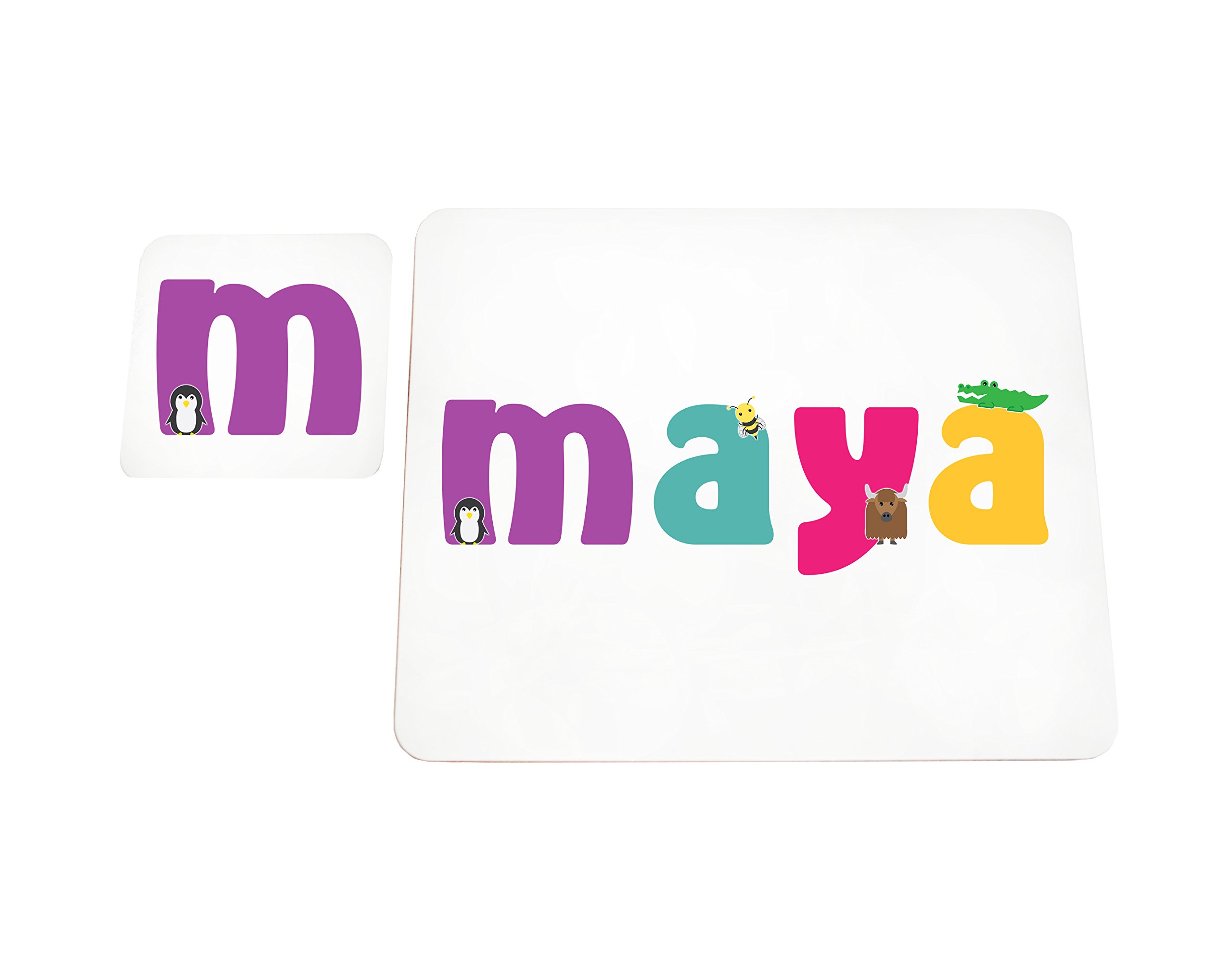 Little Helper Doily with Colourful Coaster Style Example with Girl's Name Maya