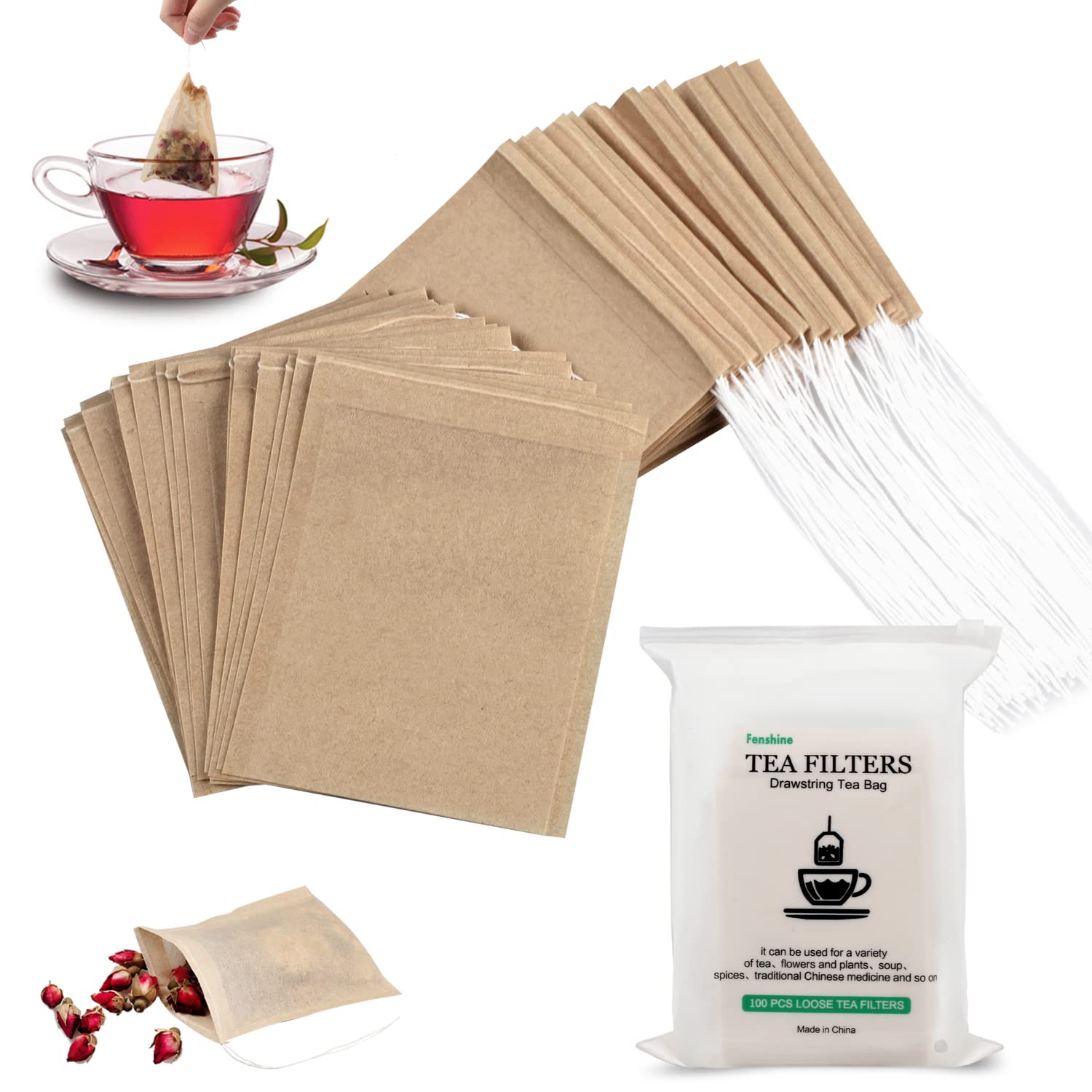 100Pcs Disposable Tea Bags for Loose Leaf Tea, 100% Natural Wood Pulp Paper Material, Empty Unbleached Filter Bags with Drawstring — image 1