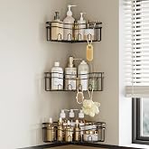 STAHLHEART Black corner shower caddy with depth caddy and Built in 12 hooks rustproof wall mounted No drilling No marring adhesive bathtub corner storage for bathroom kitchen and laudry room