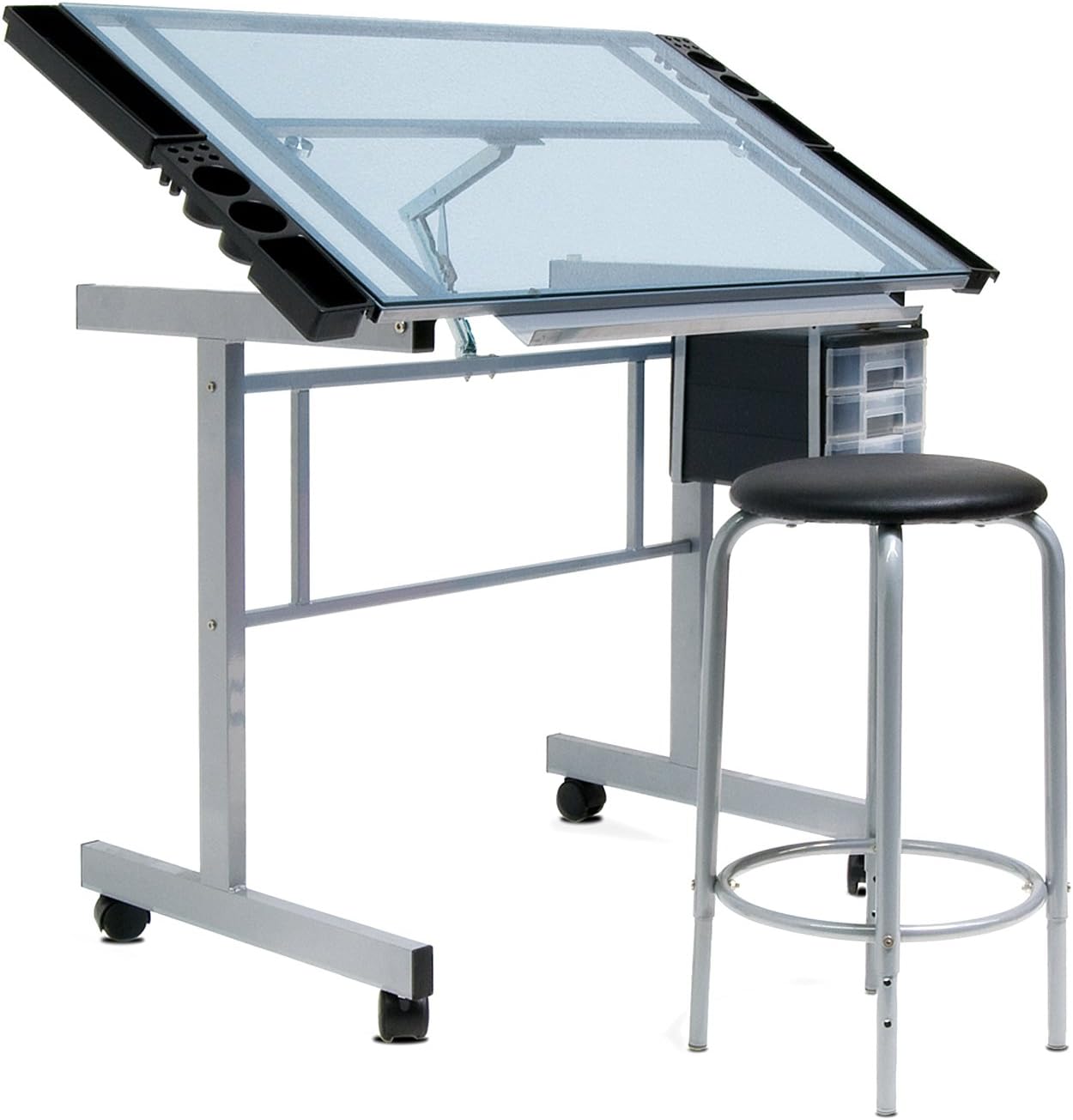 Craft Accents Office 2 Piece Artists Vision Craft Station and Stool - Silver/Blue Glass