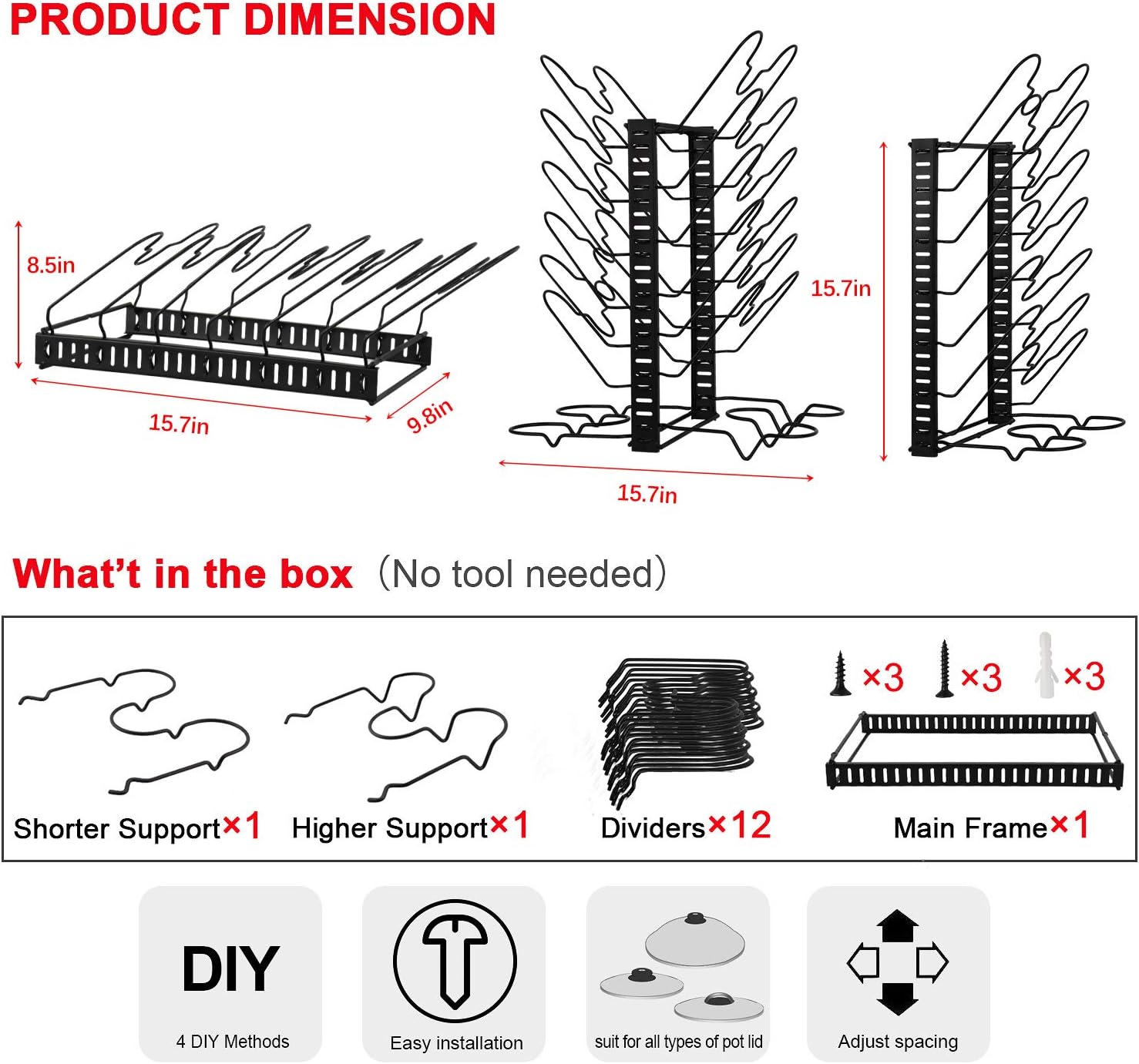 X-cosrack Pot Lid Organizer Holder Rack for Kitchen Cabinet Door Wall Mount with 12 Dividers Adjustable Heights,4 Methods,Black,Patent Pending: Home Improvement
