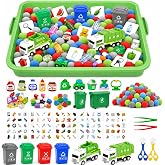 Cinrobiye 163 Pcs Recycling Sorting Activity Set, Earth Day Learning Game with Sorting Bins, Classification Cards and Fine Motor Activities for Preschool Classroom, STEM Educational Learning Supplies