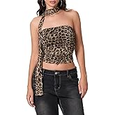 Women Leopard Tube Top Mesh Ruched Strapless Crop Top Sexy Cheetah Print Backless Bandeau Tank Top with Scarf