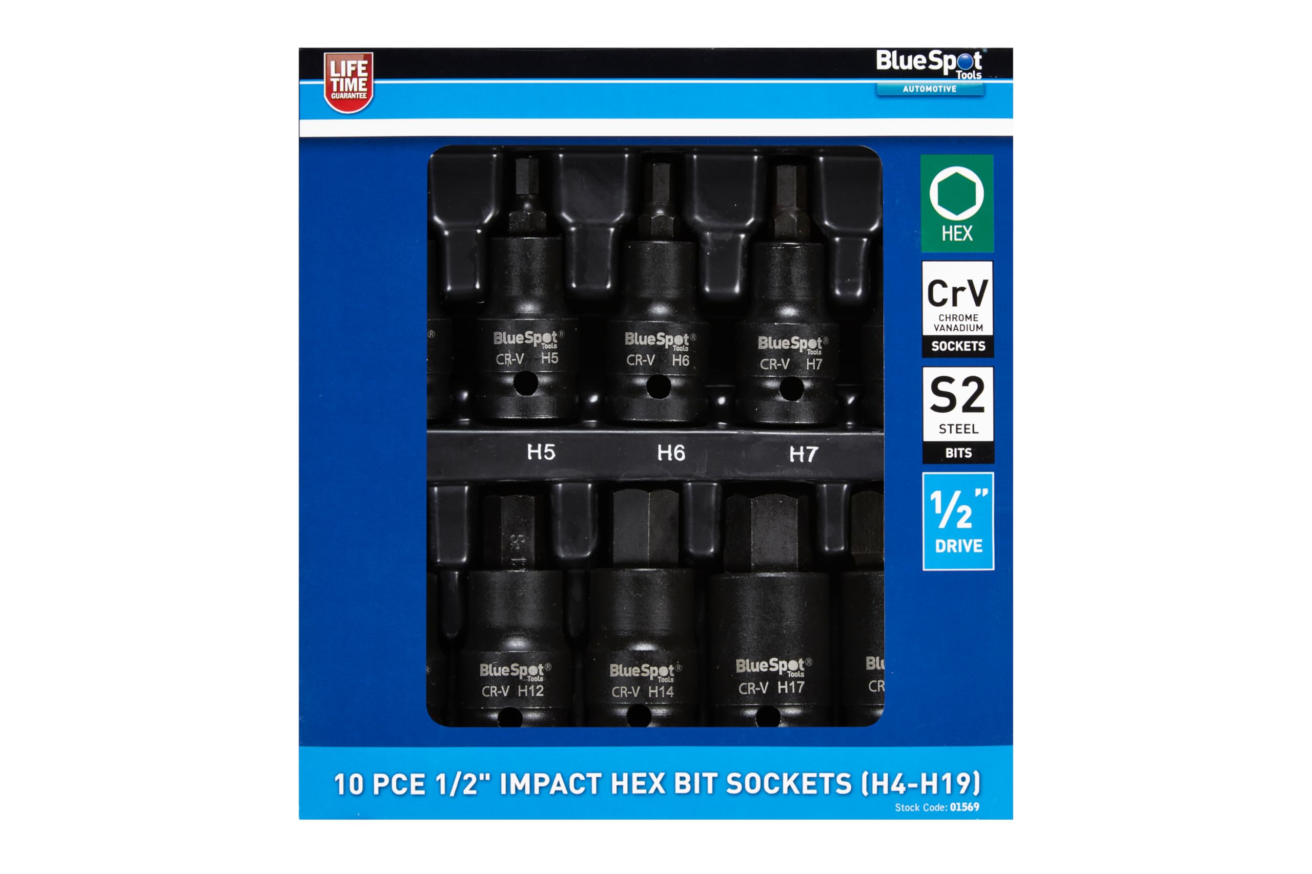 Blue Spot Tools 10 PCE 1/2 Impact Hex Bit Sockets (H4-H19)