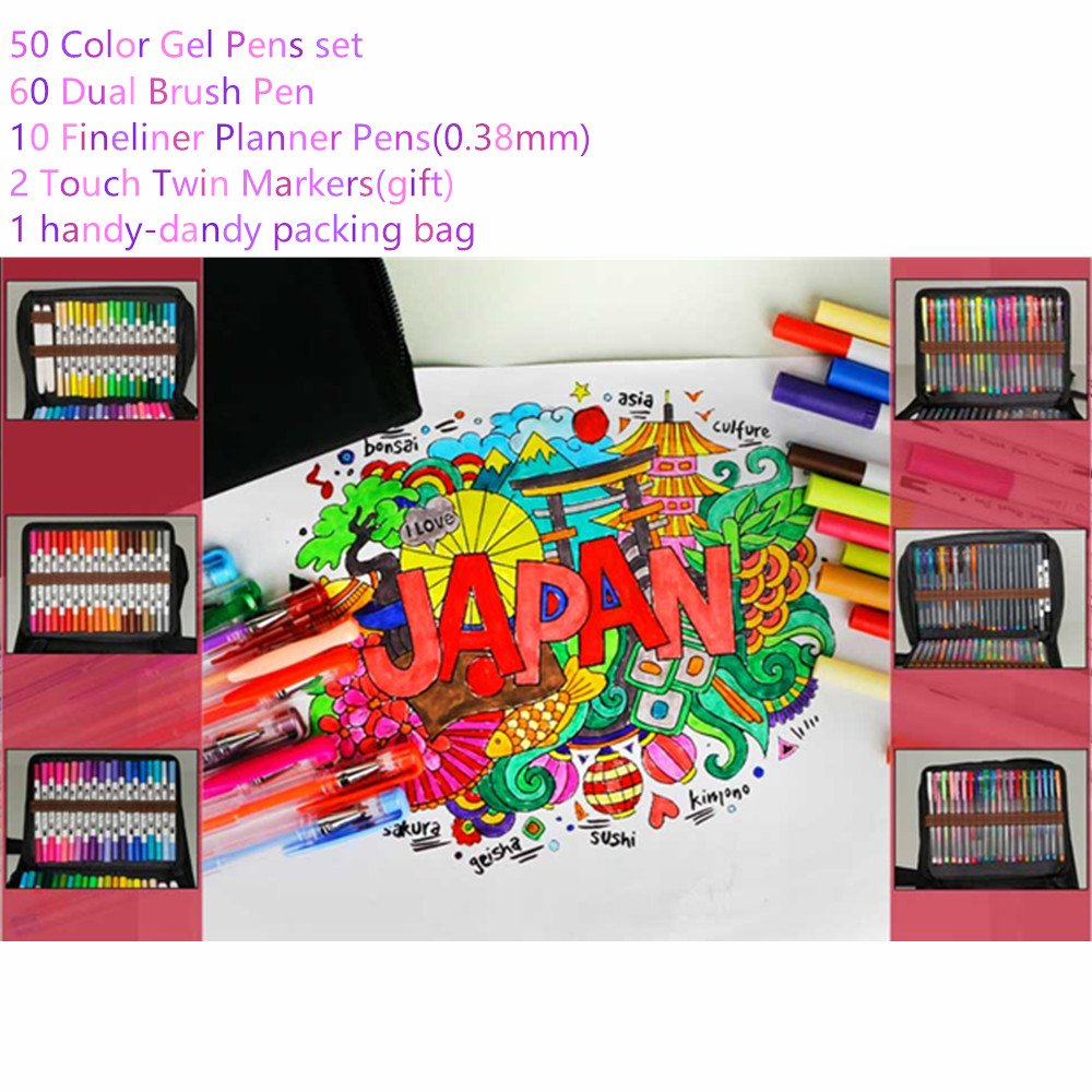 Southsun Art 122 Unique Color Pencils Include 50 Color Gel Pens Set 60 Dual Brush Pens 10 Fineliner Planner Pens 2 Touch Twin Markers for Bullet Journal Planner Adult Coloring Books Note Calendar