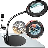 10X Magnifying Glass with Light and Stand, 5 Color Modes Stepless Dimmable LED Lighted Desk Lamp, Hands-Free Flexible Goosene