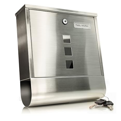 TÄGA 2210 Design Briefkasten Edelstahl mit Zeitungsfach, Edelstahl gebürstet, mit Sichtfenstern, Namensschild, abschließbar
