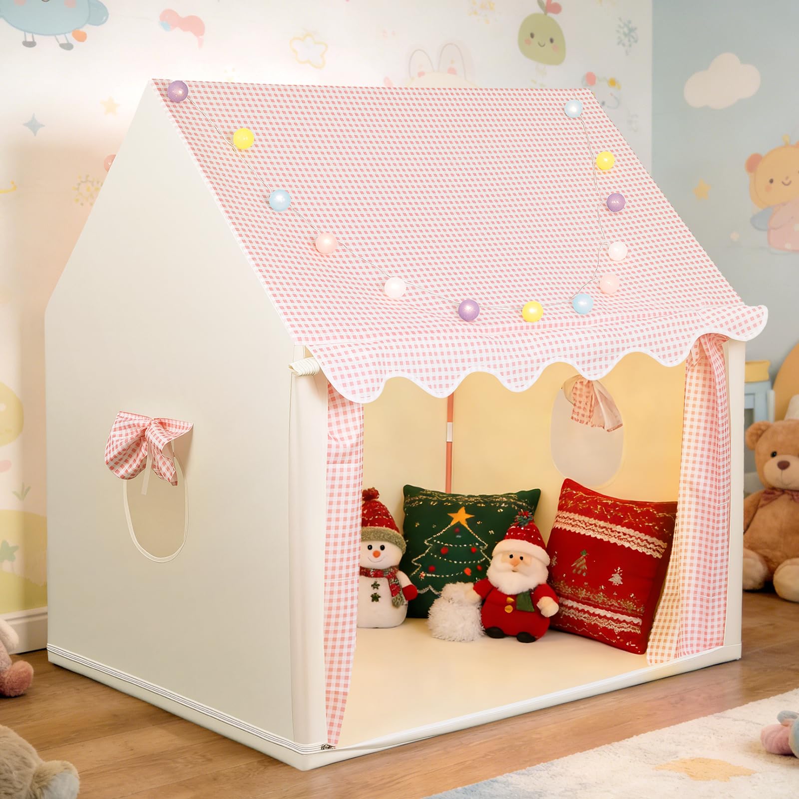 eSynic Kids Indoor Playhouse Tent with Lights & Windows Large Portable Play Tents for Girls Easy Set Up in 10 Mins with Metal Frame Kid Den Toy House Gift for 3-12 years old - 120L x 100W x 130H cm