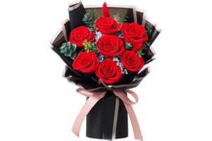 Mosstory Preserved Flower Bouquet 7 Real Roses Bouquet Flower Preserved Gift for Her Anniversary Birthday Valentine's Day Mother's Day Wedding (Red Roses, Black Paper)