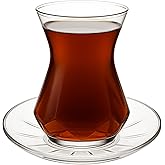 Turkish Tea Set of 6, Special Design Clear Glass Tea Cups and Saucers (12 Pcs), Traditional Slim Waist Shape, Solid Base Heat-Resistant Glass, 5.5 oz (165 ml) Elegant Turkish Teacups for Home or Gift