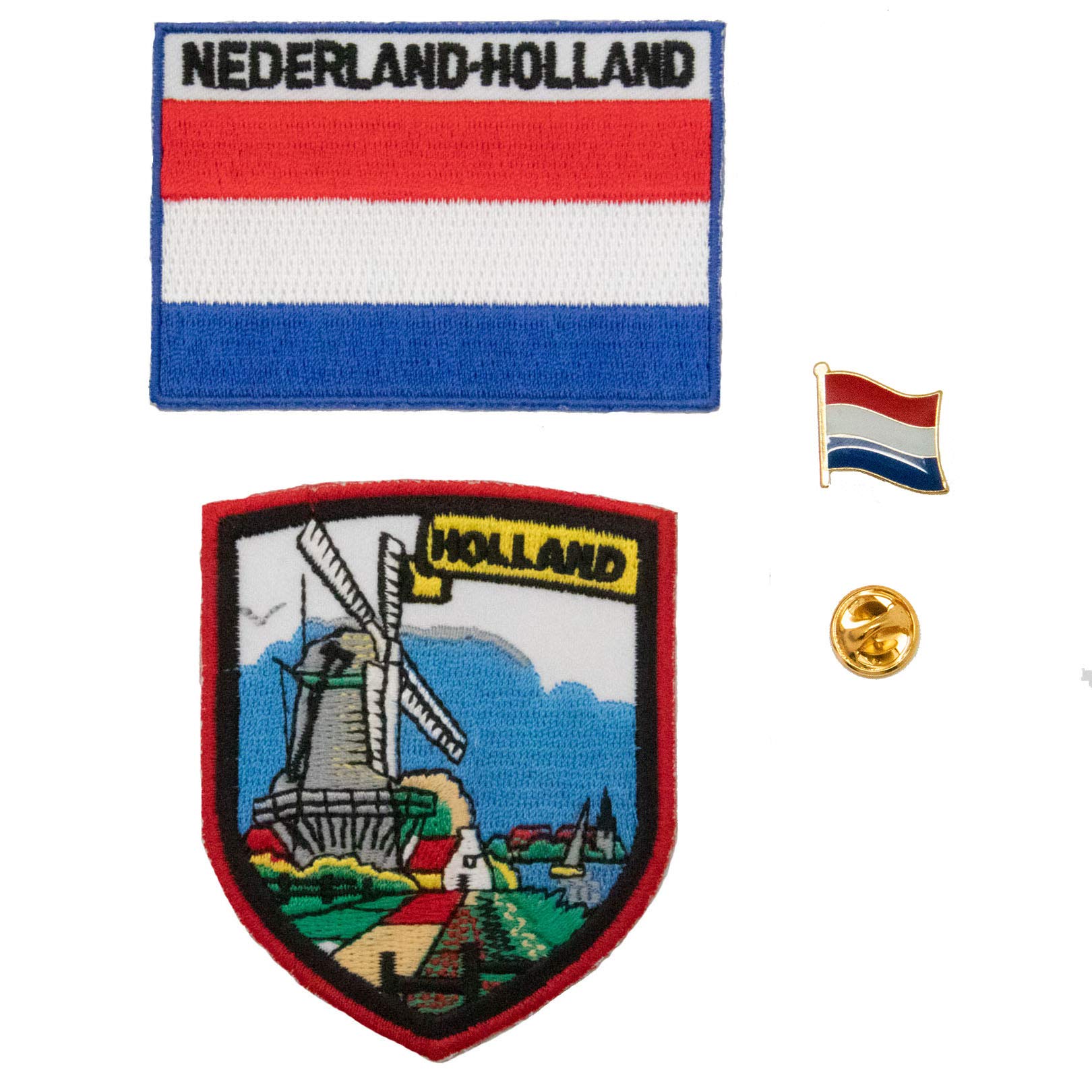 A-ONE 3 PCS Pack- The Netherlands Windmill Embroidery Patch + Holland Flag Iron-on Patch + Netherlands Flag Pinbadges, Holland Shield Patch, Metal Lapel Pin No.091B