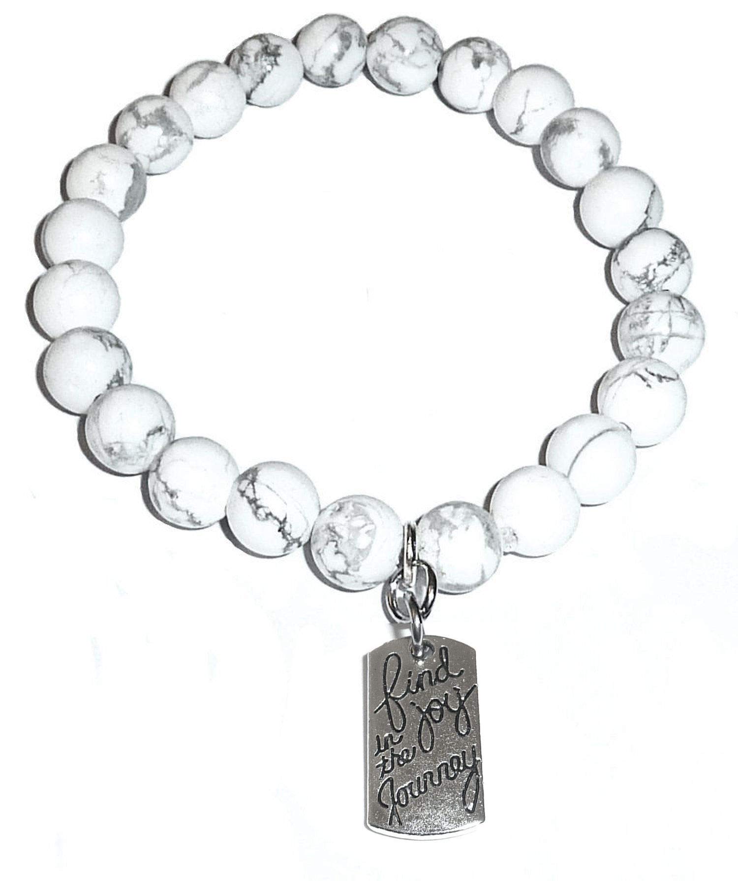 Howlite Natural White Stone Women's Stretch Beaded Bracelet, Inspirational Message Charm Stretch - Will fit most wrists. Howlite Stone