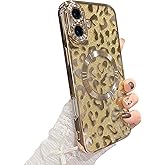 ZONRW for iPhone 16 Plus Case Magnetic,Soft Cute Luxury Leopard Cheetah Pattern Plating Glitter Bling Phone Case Compatible with MagSafe Clear Shockproof Back Cover for Women Girl 6.7"-Gold