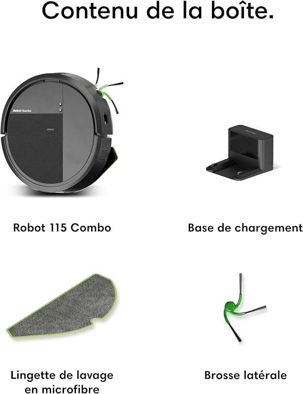 Roomba 115 Combo - Robot Aspirateur Laveur 2en1 - Puissance d'Aspiration de 15KPa - Brosse latérale étendue - Lingette de Lavage déportée - Navigation LiDAR - Noir