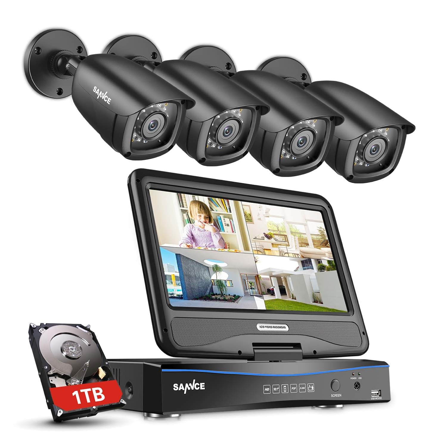 SANNCE Videoüberwachung Überwachungskamera 10 Zoll Display 4CH 720P DVR ...