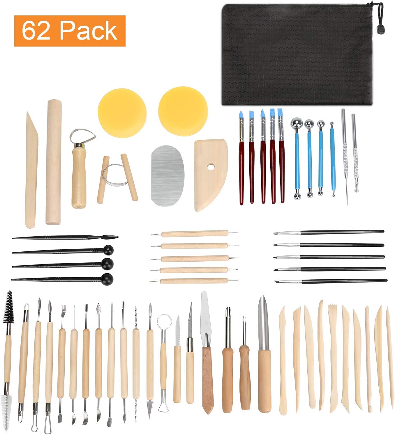 Blisstime Set of 62 Clay Tools,Pottery Sculpting Tool and Supplies, Wooden Handle and Metal Head Pottery Carving Tool Kit