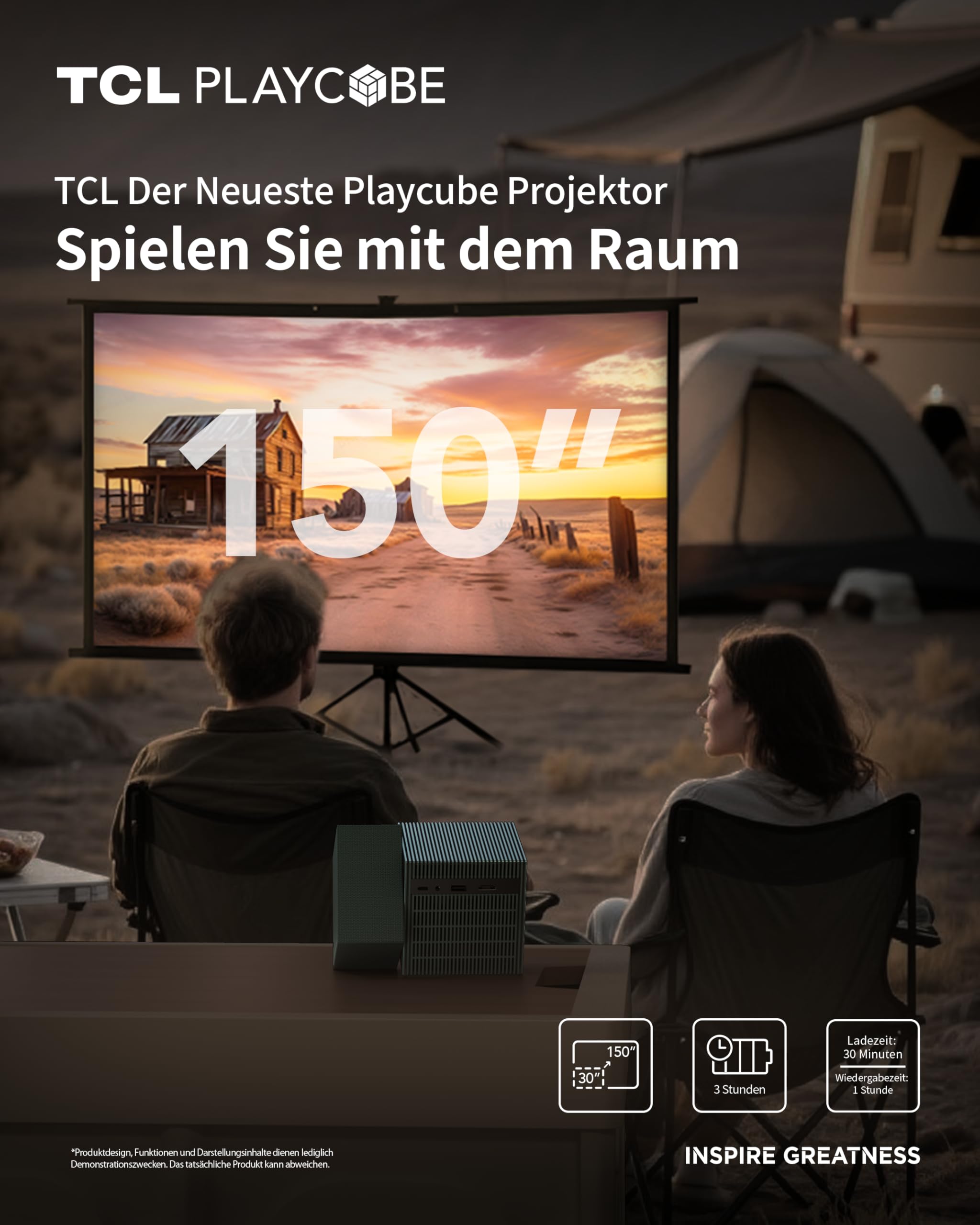 TCL PlayCube DLP Mini Beamer 4K mit Akku, 750 ISO Lumen, Integriertes Offizielles Google TV/Netflix/APV, Autofokus, 6D Trapezkorrektur, Bluetooth und WiFi, DolbyAudio, für Außenprojektion und Heimkino 3