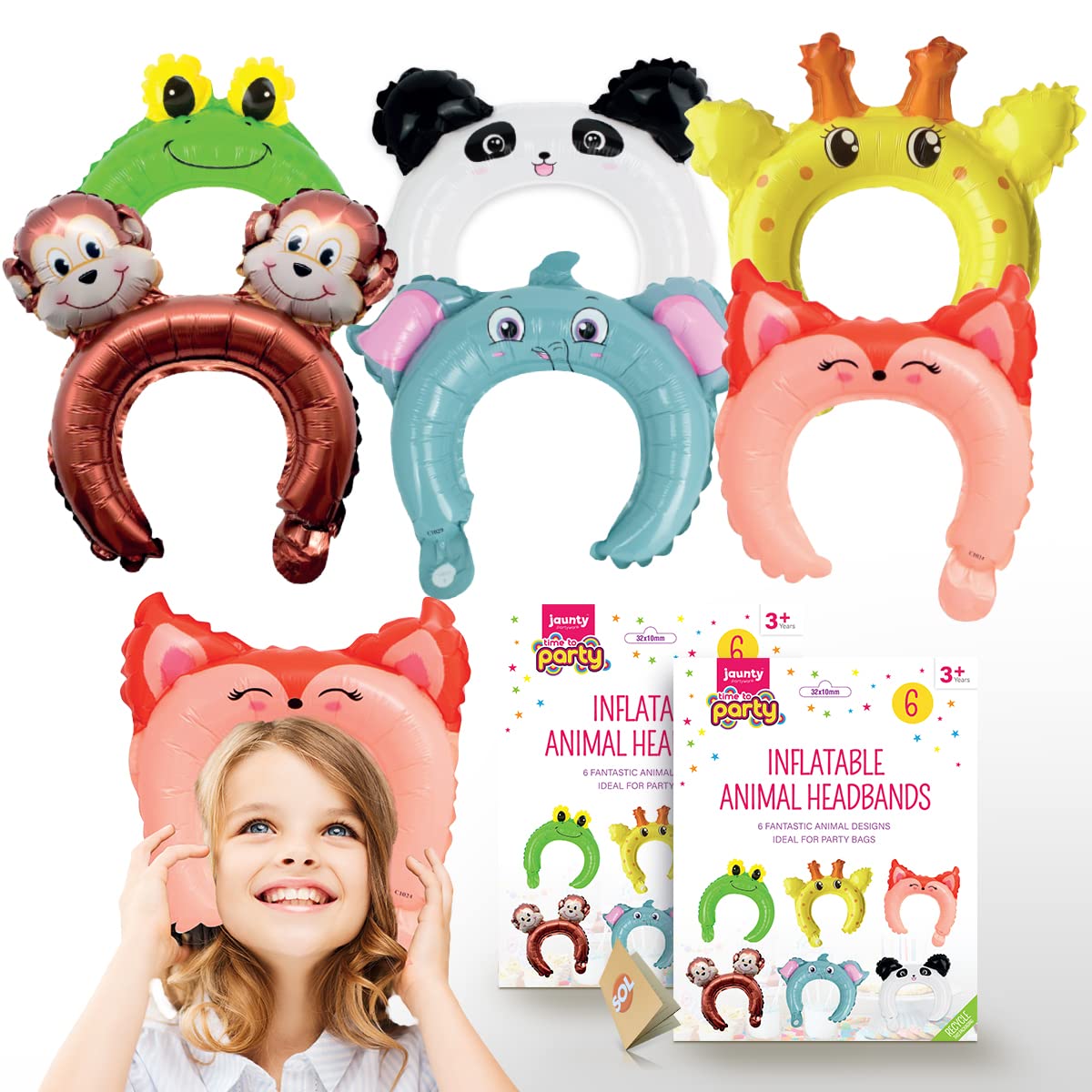 12pk Inflatable Jungle Animal Headband | 2x6pk Party Bag Fillers Inflatable Safari Props - Giraffe, Monkey, Frog, Elephant, Panda, Fox
